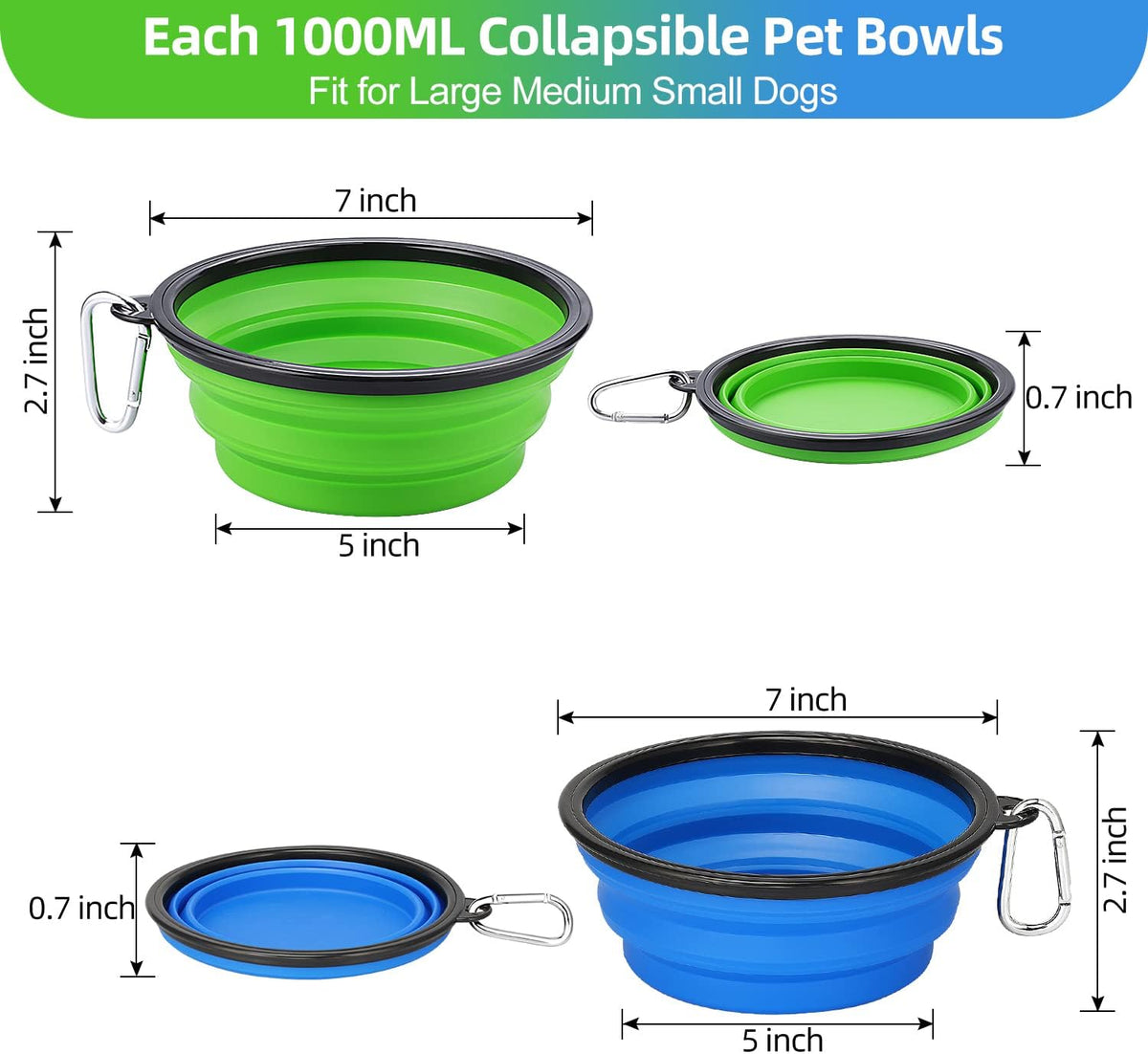 Large Collapsible Dog Bowls - 2 Pack, 34Oz Foldable Travel Bowls for Dogs